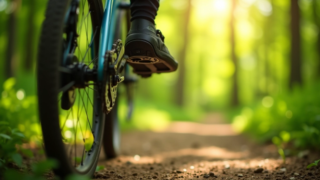 Dviračio pedalai ir grandinė, šviečia saulė per medžius