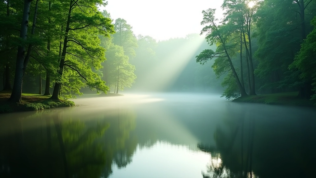 Miško ežero atspindys medžiais, rami atmosfera, žalias nuotaikas